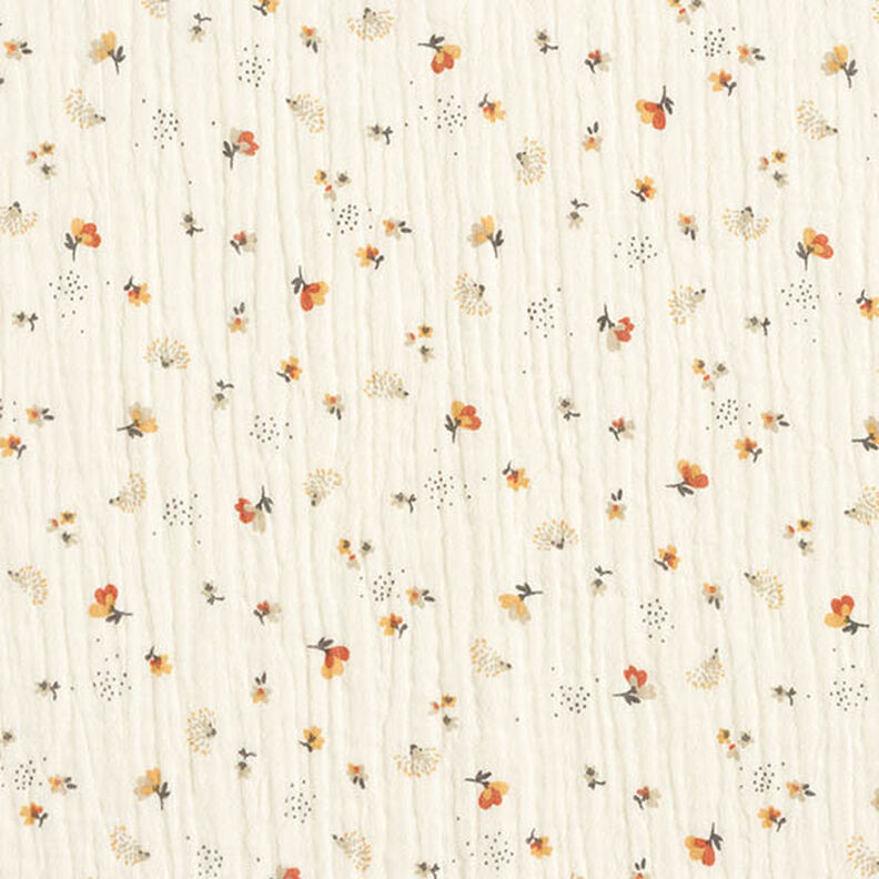 Muslin/Dubbel-krinkelväv små blommor och igelkottar – yllevit,  image number 1