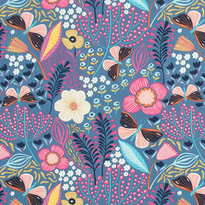 Bomullstyg Kretong fjärilar och blommor – blågrått/pink, 