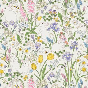 Dekorationstyg Halvpanama kaniner på blomsteräng – elfenbensvit/ljusrosa, 