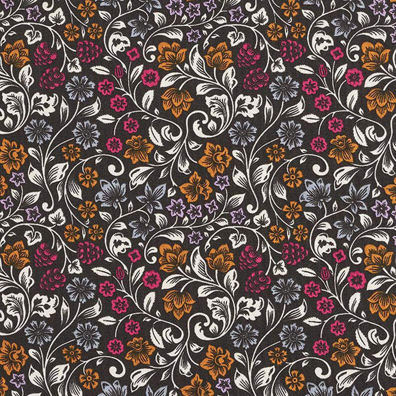 Bomullstyg Kretong blomrankor – svart/ljus gråbrun,  image number 1